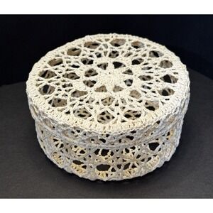 Vintage Crocheted Lidded Trinket Box Stiff Starched Cottagecore Boho Coastal
